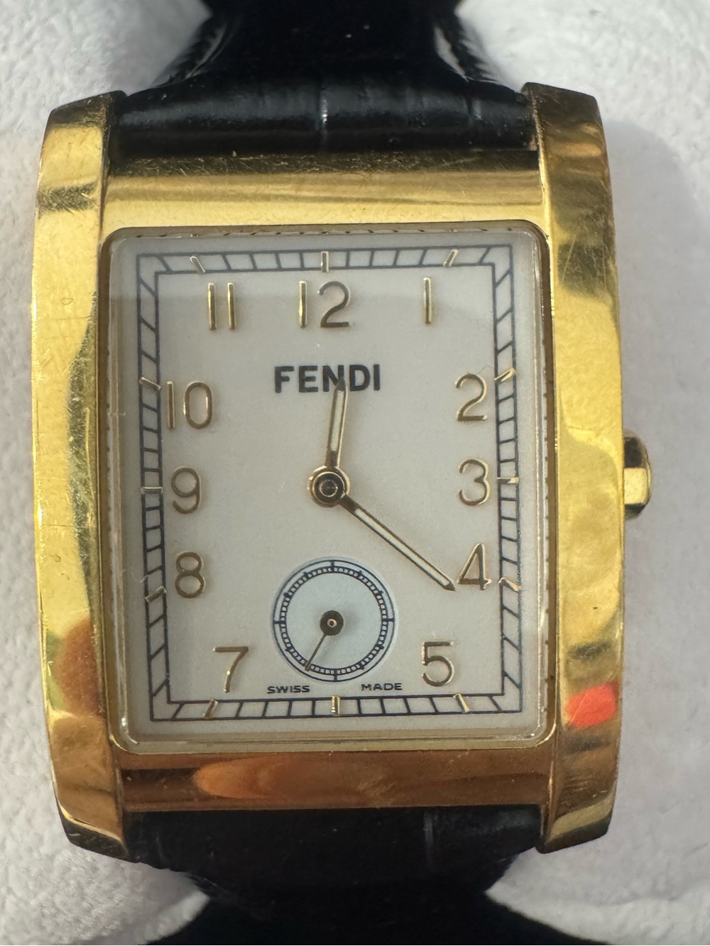 #126 Fendi Rectangular Gold-Tone Case Watch with Black Leather Strap